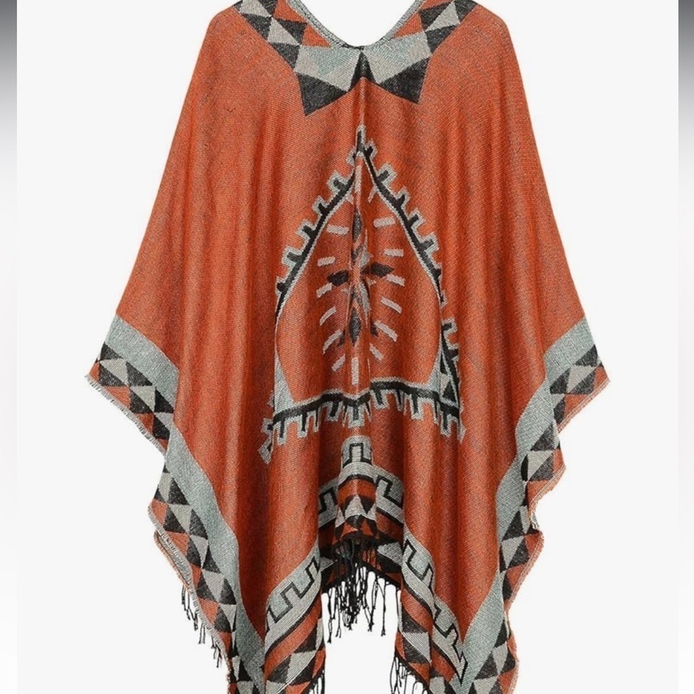 Moss Rose Southwest Aztec Blanket Wrap Shawl Poncho Burnt Orange Gray OS NWT - Picture 4 of 8